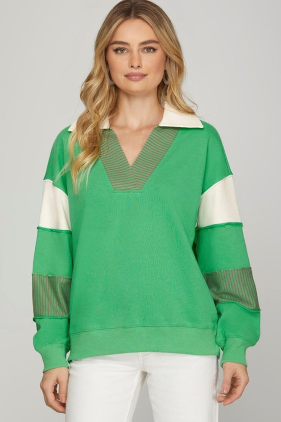 She + Sky Full Size Color Block Sleeve Johnny Collar French Terry Sweatshirt Plus Size - MyEmpired