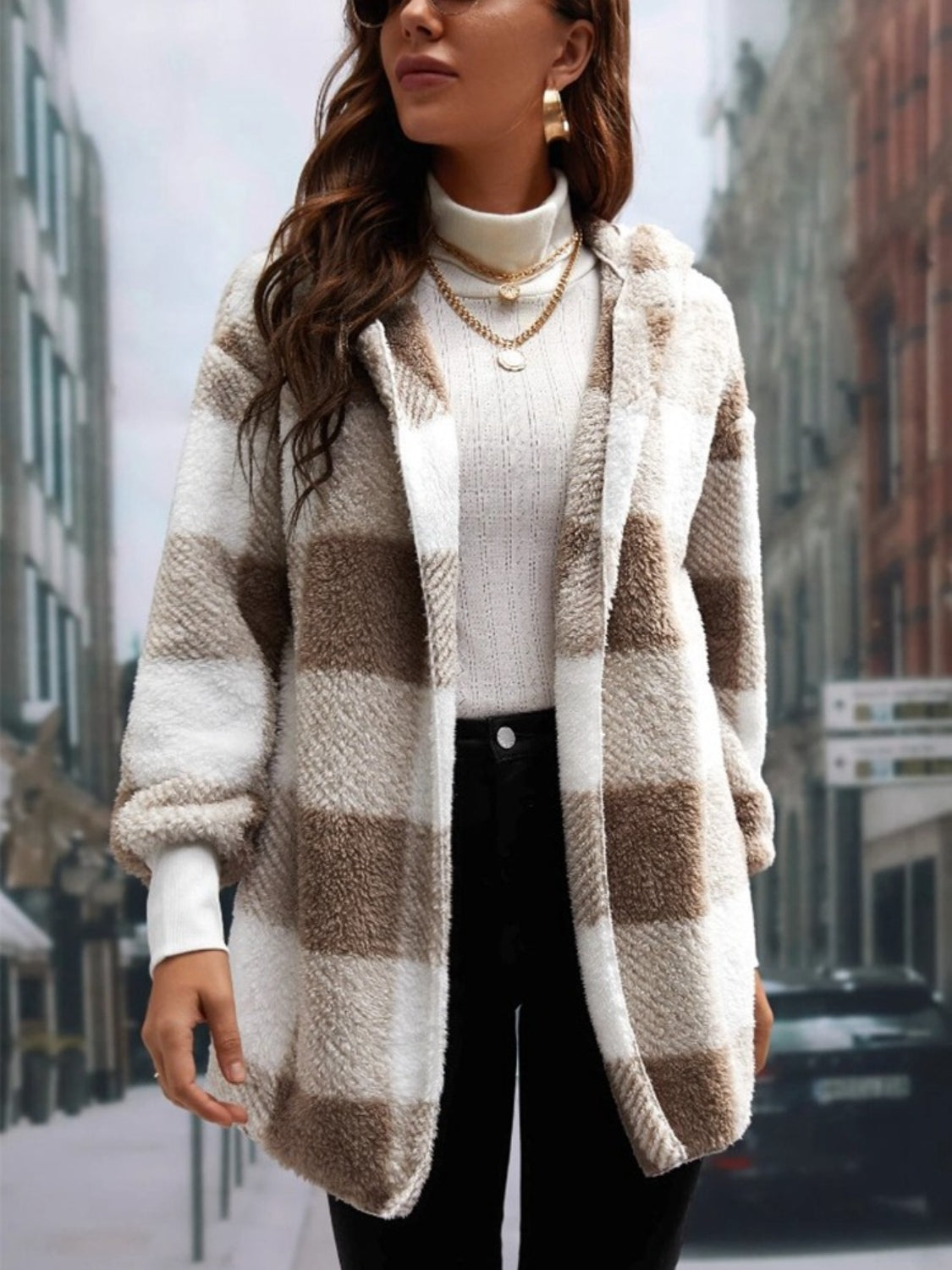 Plaid Long Sleeve Hooded Coat - MyEmpired