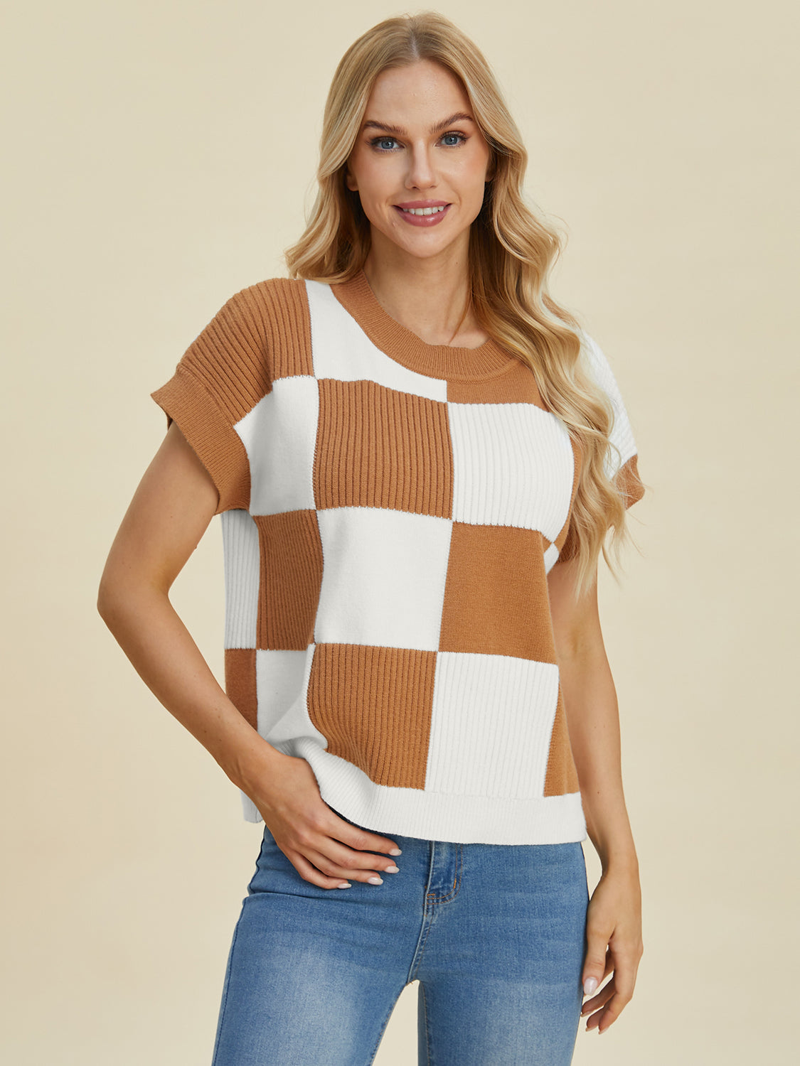 Double Take Full Size Checkered Round Neck Short Sleeve Sweater - MyEmpired