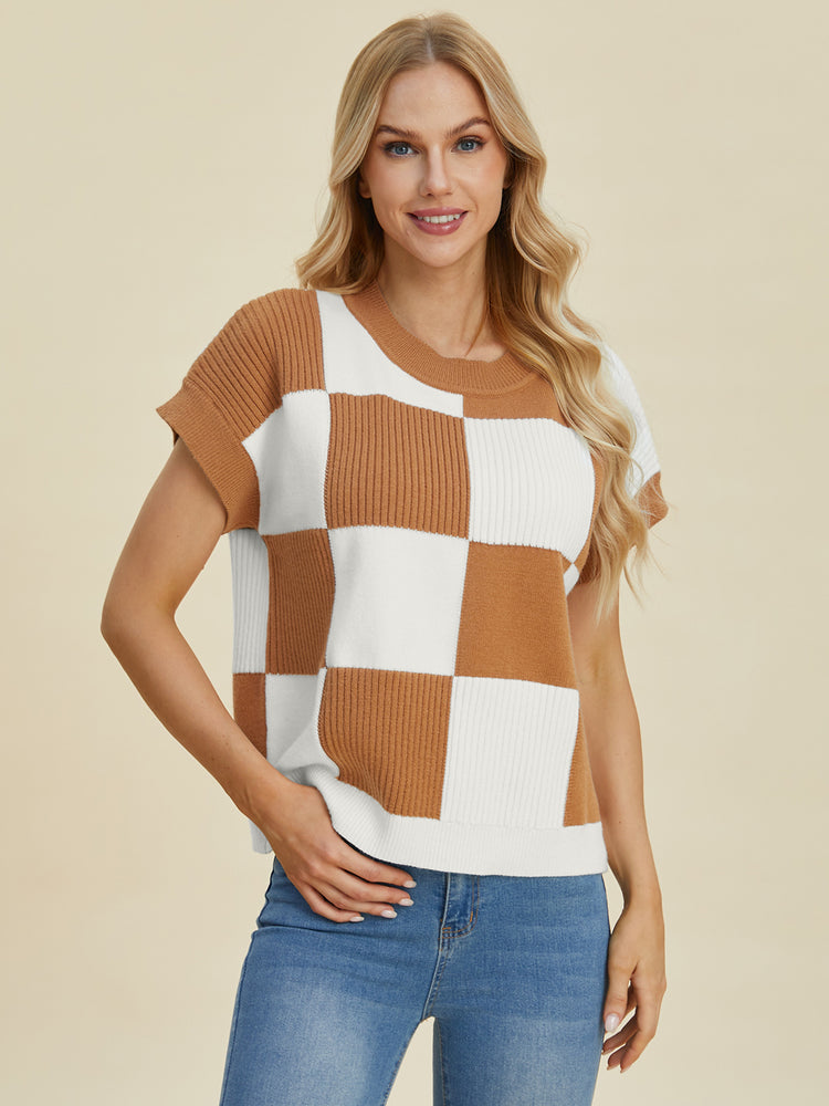 Double Take Full Size Checkered Round Neck Short Sleeve Sweater - MyEmpired