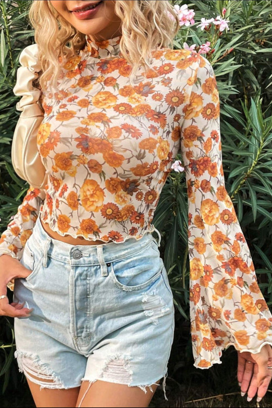 Printed Mock Neck Flare Sleeve Top - MyEmpired