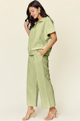 Double Take Full Size Texture Half Zip Short Sleeve Top and Pants Set - MyEmpired