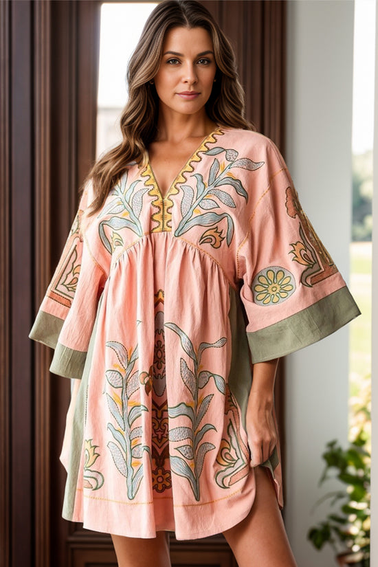 Printed V-Neck Three-Quarter Sleeve Mini Dress - MyEmpired