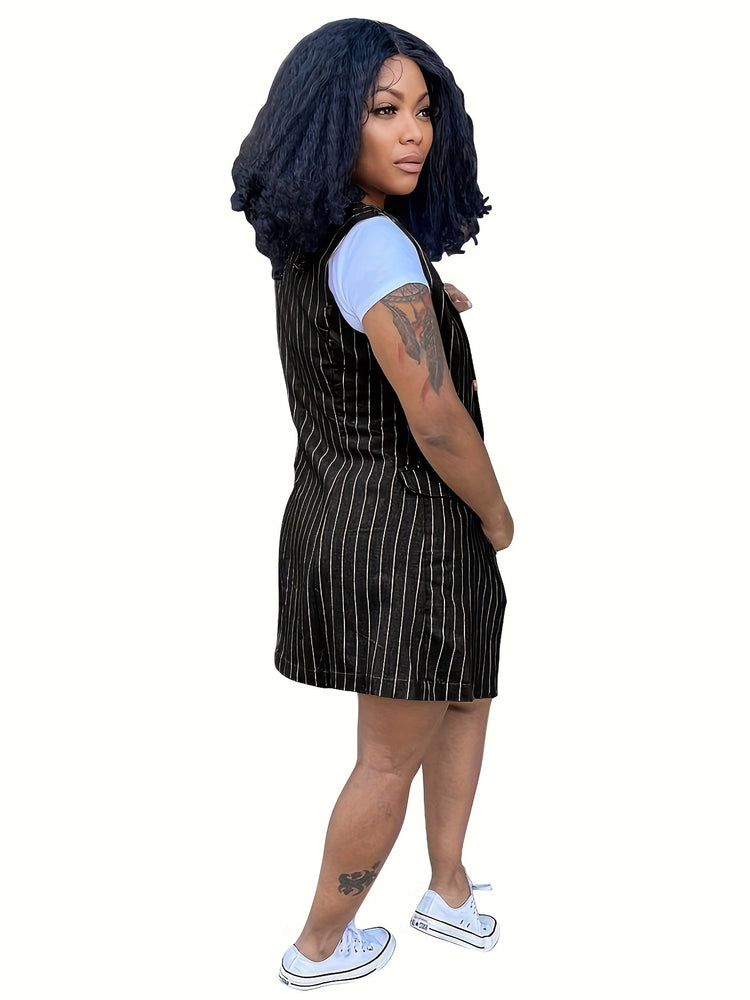 Elegant Striped Print Two Pieces, Double-Breasted Lapel Collar Sleeve Vest & Paper Bag Waist Belted Shorts Outfits, Women&
