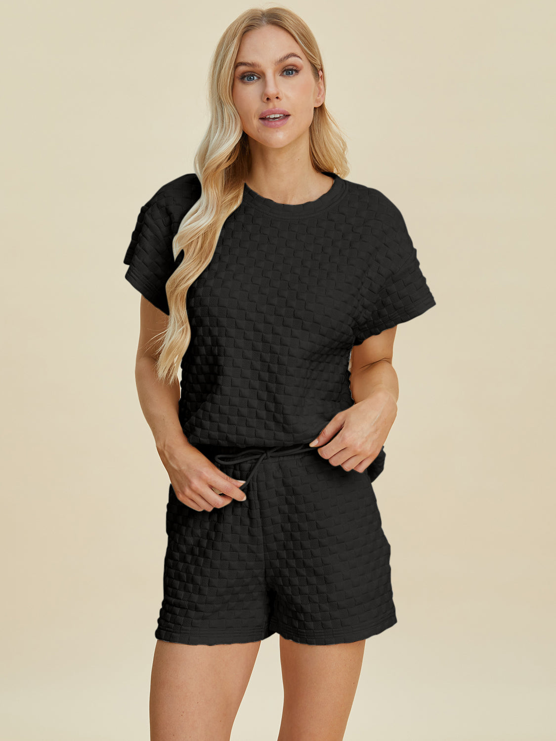 Double Take Full Size Texture T-Shirt and Shorts Set - MyEmpired