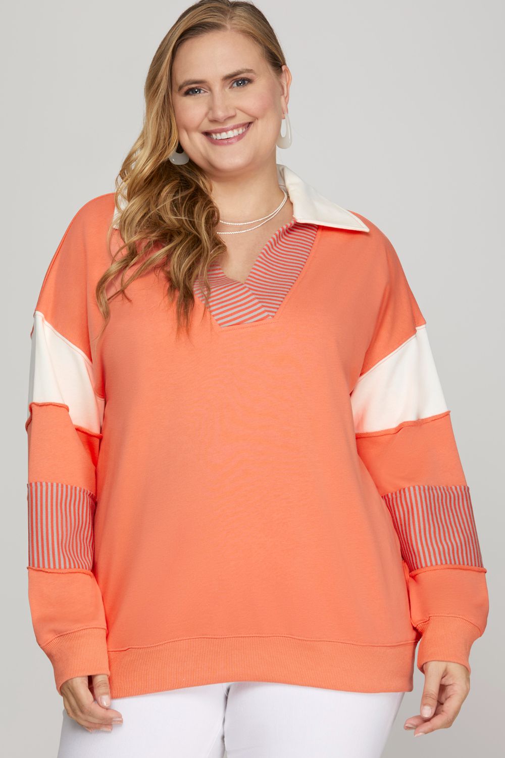 She + Sky Full Size Color Block Sleeve Johnny Collar French Terry Sweatshirt Plus Size - MyEmpired