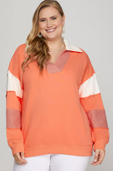 She + Sky Full Size Color Block Sleeve Johnny Collar French Terry Sweatshirt Plus Size - MyEmpired
