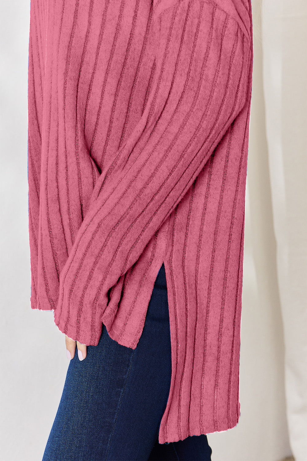 Basic Bae Full Size Ribbed Half Button Long Sleeve High-Low T-Shirt - MyEmpired