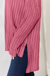 Basic Bae Full Size Ribbed Half Button Long Sleeve High-Low T-Shirt - MyEmpired