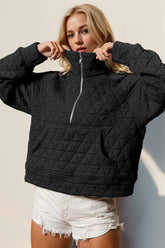 Double Take Half Zip Long Sleeve Quilted Sweatshirt with Pocket - MyEmpired