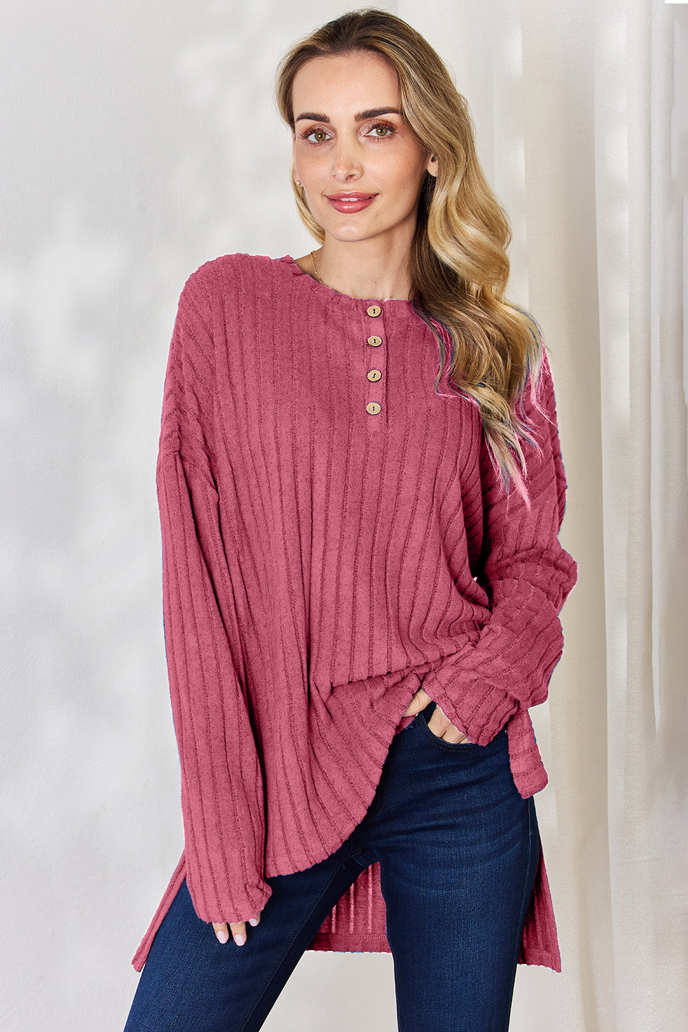 Basic Bae Full Size Ribbed Half Button Long Sleeve High-Low T-Shirt - MyEmpired