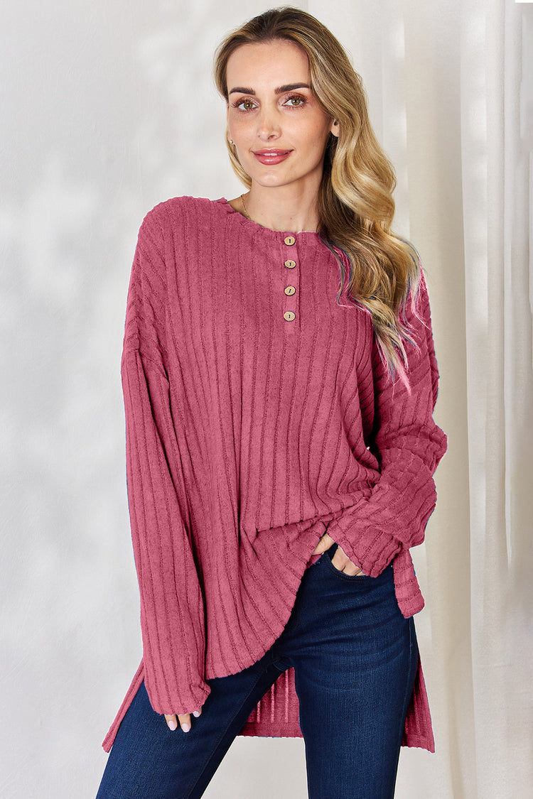 Basic Bae Full Size Ribbed Half Button Long Sleeve High-Low T-Shirt - MyEmpired