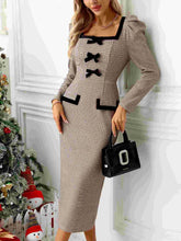 Bow Plaid Square Neck Puff Sleeve Dress - MyEmpired