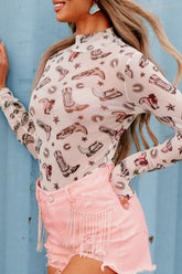 Printed Mock Neck Long Sleeve Bodysuit - MyEmpired