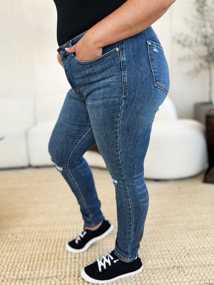Judy Blue Full Size Mid Waist Distressed Slim Jeans - MyEmpired