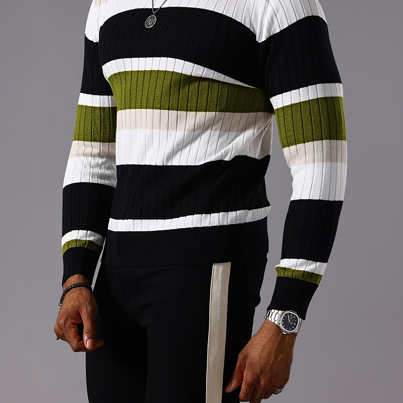 Men's Casual Striped Color Block Long Sleeve Knit Pullover - Round Neck, Machine Washable, Striped, Round Neck, Long Sleeve, Knit Sweater