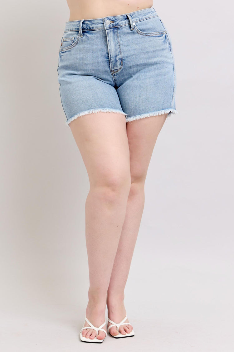 Judy Blue Full Size Tummy Control Raw Hem Denim Shorts Plus Size - MyEmpired