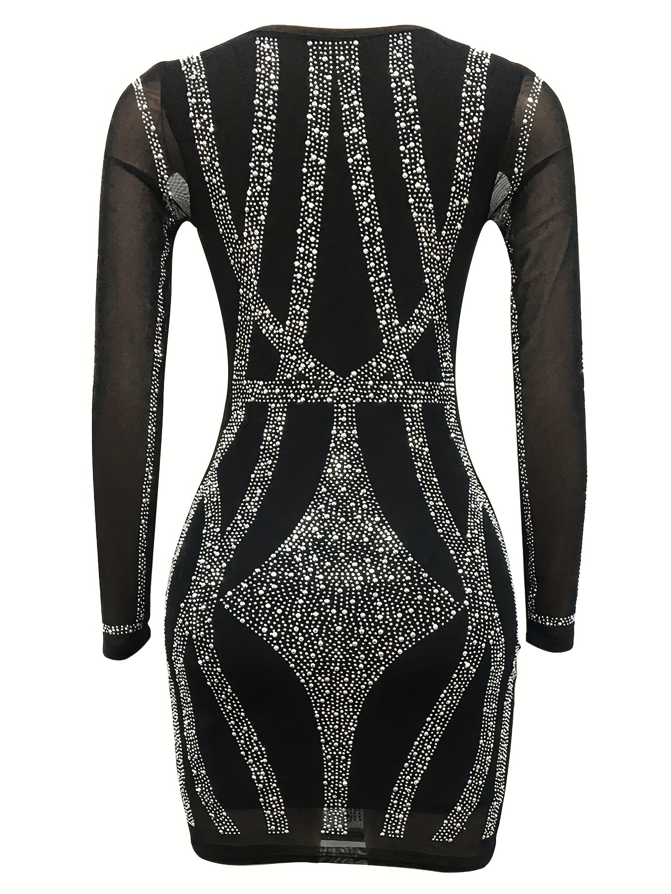 Rhinestone Sweetheart Neck Bodycon Dress, Sexy Mesh Long Sleeve Dress For Spring & Summer, Women's Clothing