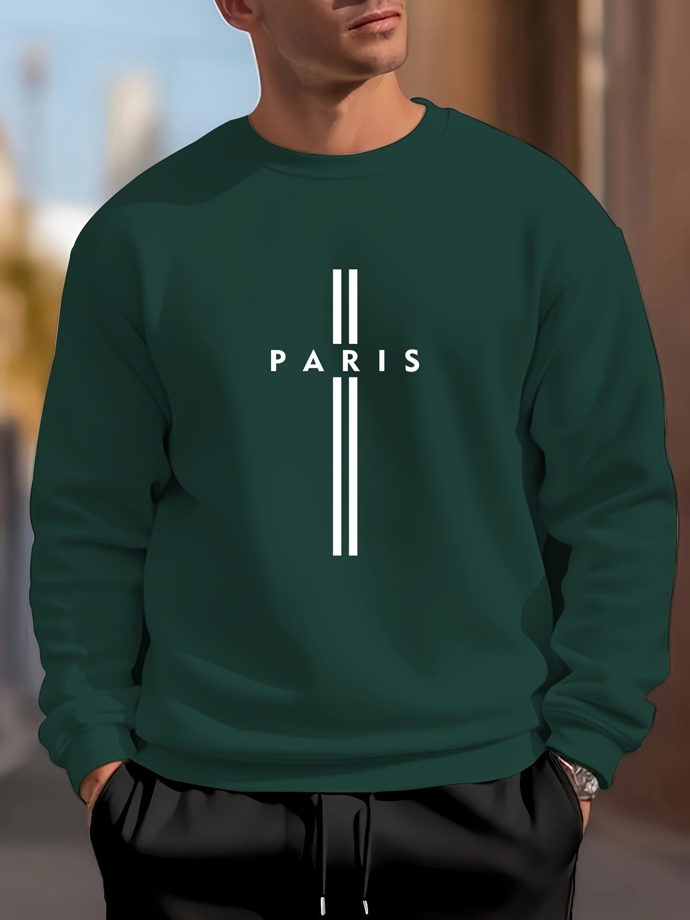 PARIS Letter Print Men's Crew Neck Long Sleeve Sweatshirt, Trendy Pullover Sweatshirt, Casual Comfy Versatile Top For Spring & Autumn, Outdoor Sports