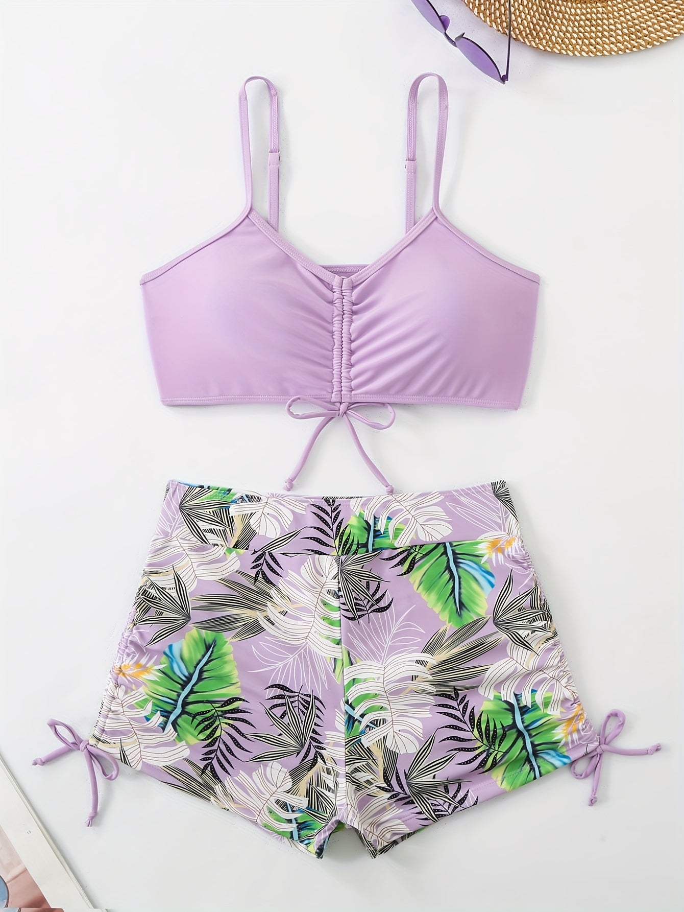 Tropical Leaf Print V Neck High Waist Bikini Sets, Drawstring Spaghetti Straps Boxer Short Bottoms Two Pieces Swimsuit, Women's Swimwear & Clothing