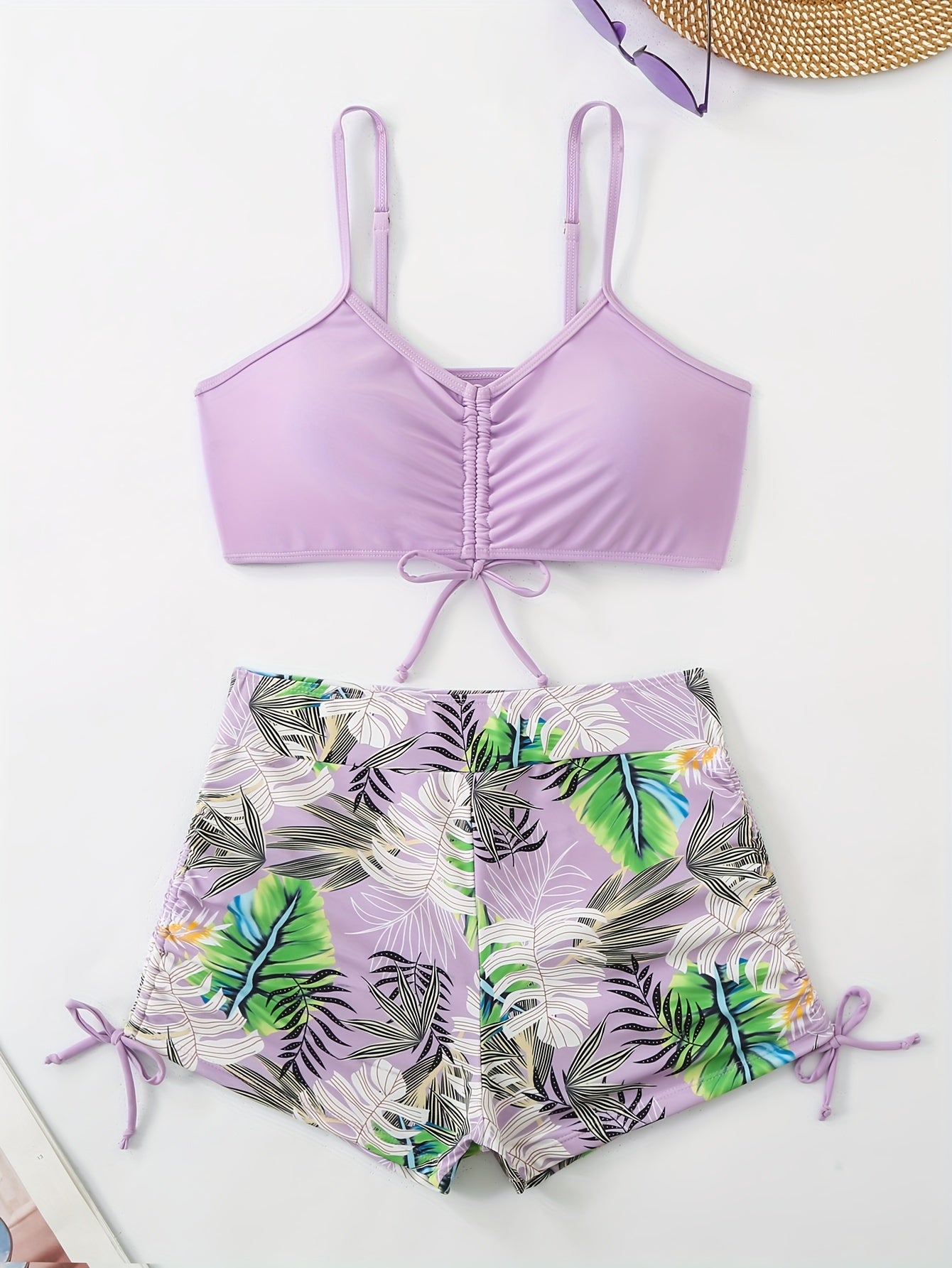 Tropical Leaf Print V Neck High Waist Bikini Sets, Drawstring Spaghetti Straps Boxer Short Bottoms Two Pieces Swimsuit, Women&