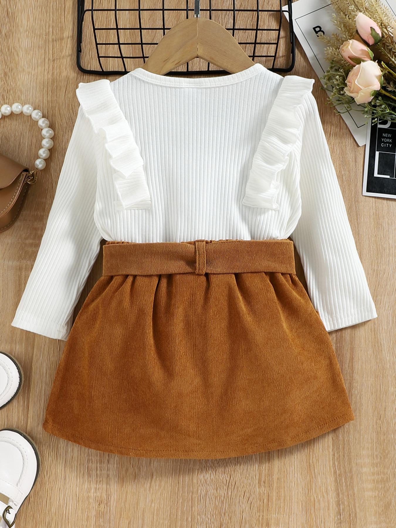 PatPat 2pcs Toddler Girl Trendy Ruffled Ribbed Tee And Button Design Corduroy Skirt Set, Kids Clothes For Spring Autumn