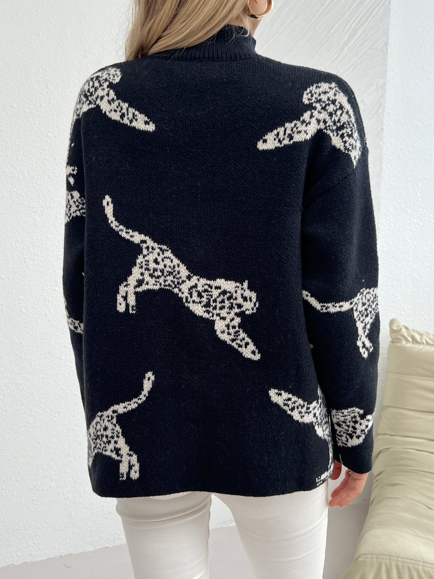 Leopard Pattern Mock Neck Sweater, Elegant Long Sleeve Sweater For Fall & Winter, Women's Clothing