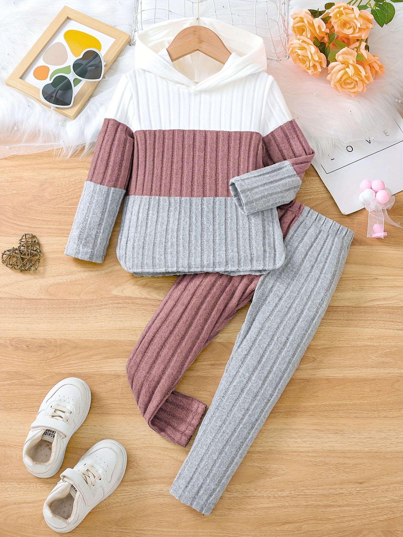 Girls' 2-Piece Set, Spring/Autumn Knitted Hoodie and Solid Color Ribbed Pants, Casual Color Block Long Sleeve Pullover with Stretch Fabric, Regular Fit, Polyester & Spandex Blend, For Outdoor