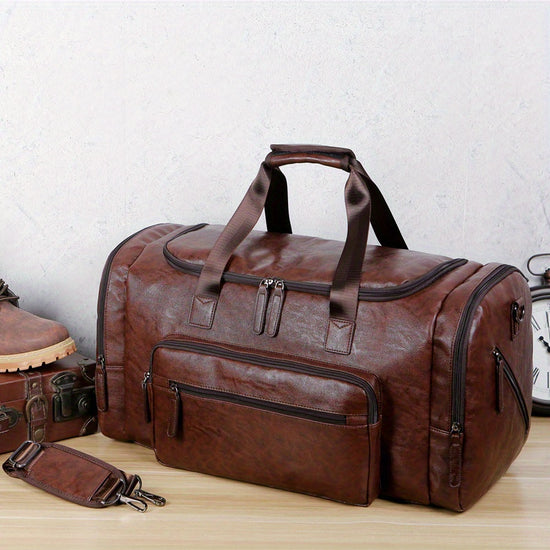 Vintage Style PU Leather Travel Tote Bag for Men, Large Capacity Business Trip Duffle with Shoulder Strap, Hand Carry Luggage with Multiple Compartments, Not Washable - MyEmpired