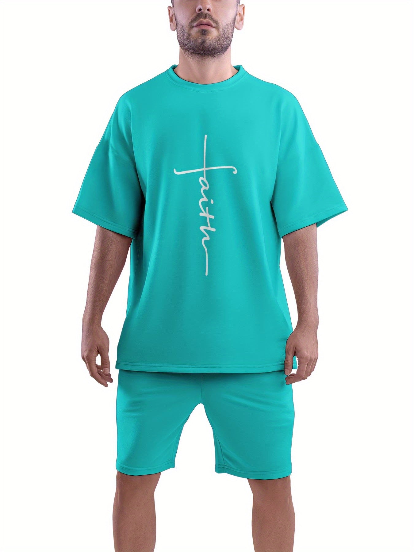 Men's Outfit, Faith Graphic Print Casual Crew Neck Short Sleeve T-Shirt & Shorts 2-piece Set For Summer Outdoor Activities