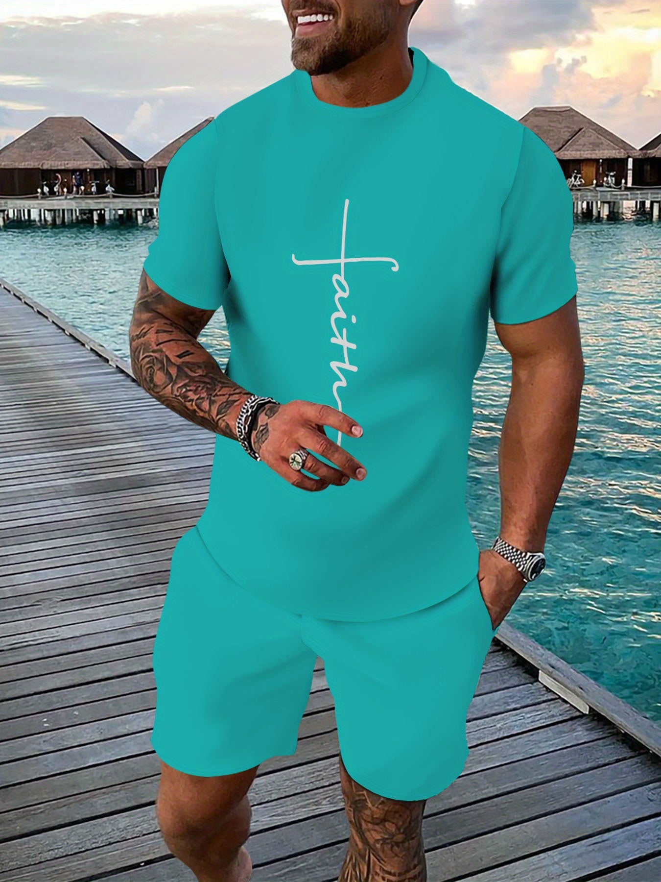 Men's Outfit, Faith Graphic Print Casual Crew Neck Short Sleeve T-Shirt & Shorts 2-piece Set For Summer Outdoor Activities