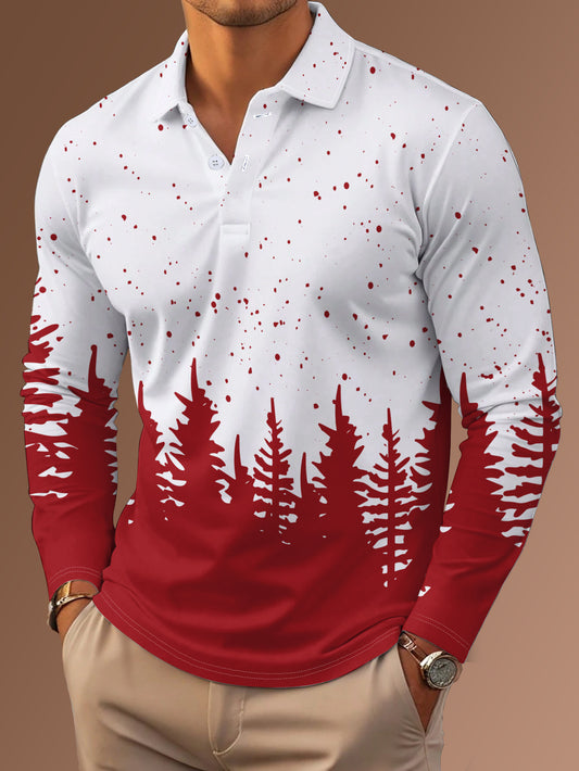 Men's Casual Long Sleeve Shirt with Christmas Tree Print - Breathable, Stretch Fabric, Button-Up Collar, Machine Washable