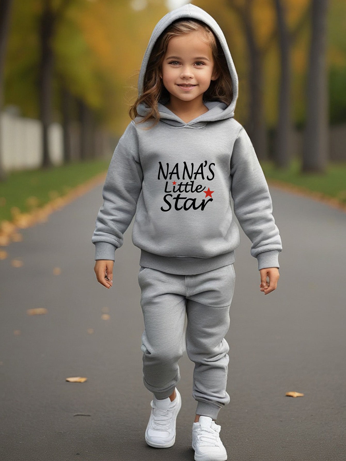 English Letters NAN'S LITTLE STAR Design Printed Trendy Causal Pant Sets For Girls, Comfortable And Soft Hoodie And Long Pants Set, Perfect For Autumn And Winter