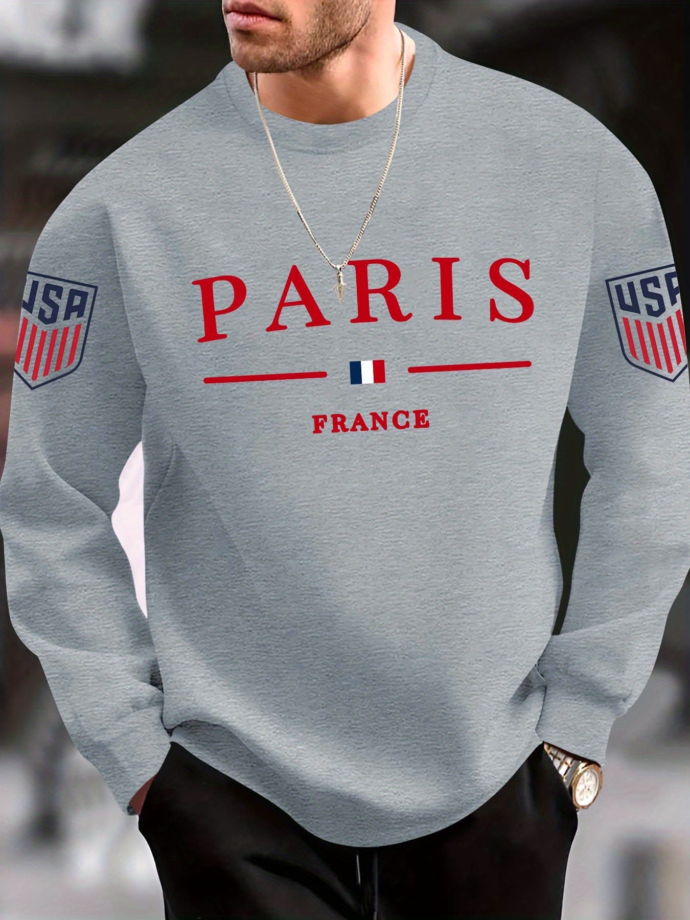 Paris Print Trendy Sweatshirt, Men's Casual Graphic Design Crew Neck Pullover Sweatshirt for Men Fall Winter