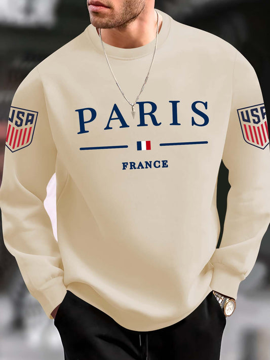 Paris Print Trendy Sweatshirt, Men's Casual Graphic Design Crew Neck Pullover Sweatshirt for Men Fall Winter