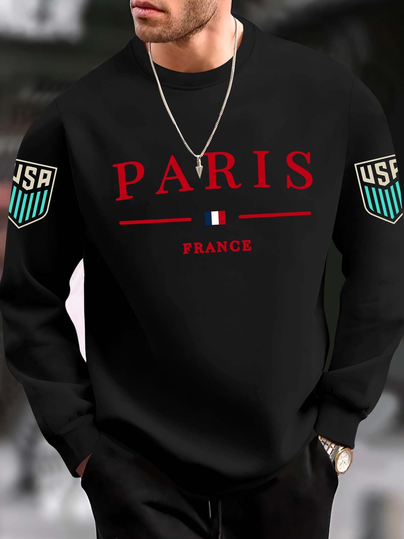 Paris Print Trendy Sweatshirt, Men's Casual Graphic Design Crew Neck Pullover Sweatshirt for Men Fall Winter