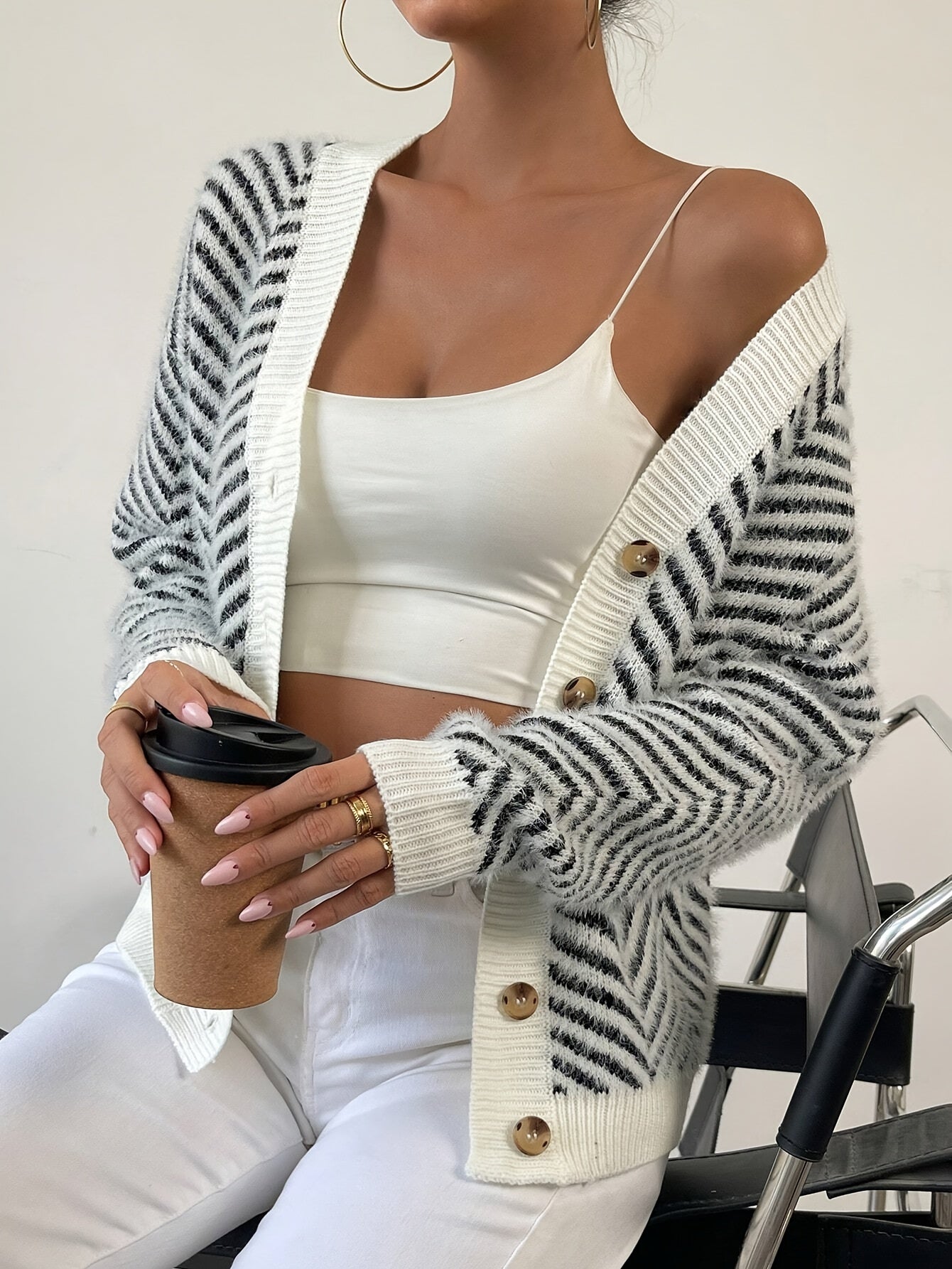 Striped Drop Shoulder Button Front Cardigan, Elegant V Neck Long Sleeve Cardigan For Fall & Winter, Women's Clothing