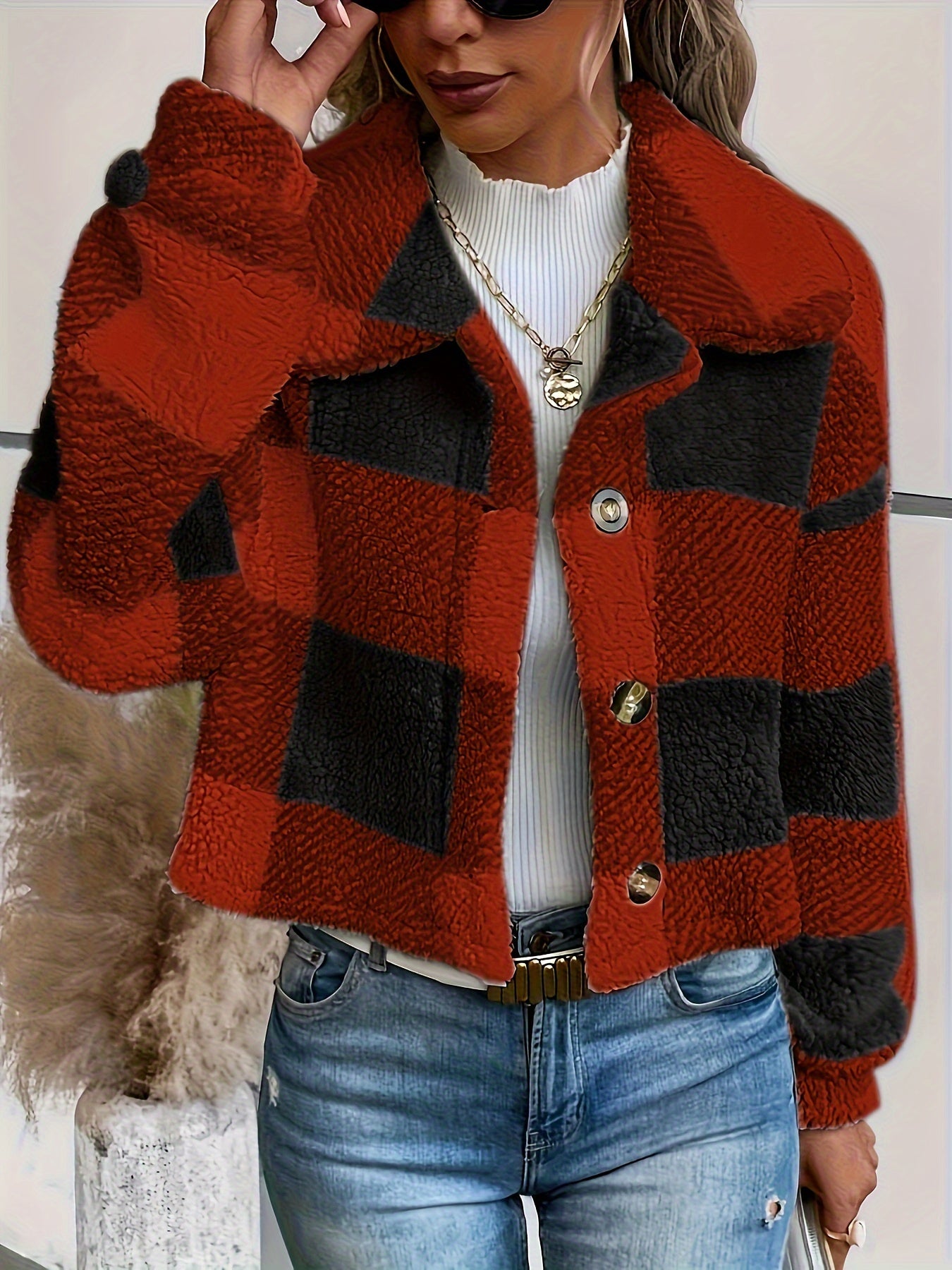 Plaid Teddy Coat, Casual Button Front Long Sleeve Winter Warm Outerwear, Women's Clothing