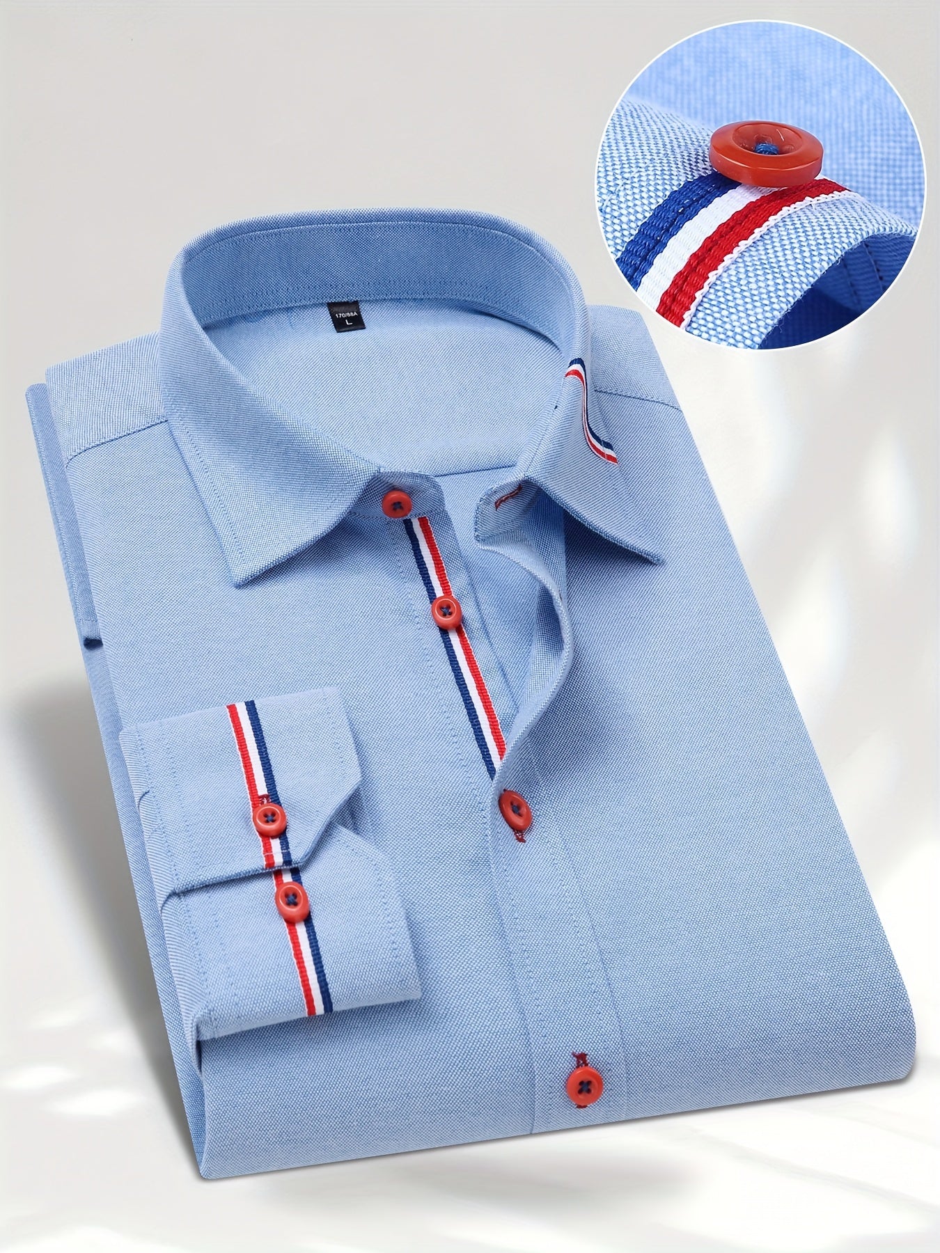 Men's Contrast Striped Design Lapel Collar Design Dress Shirts, Long Sleeve Casual Button Up Shirt For Formal Occasions