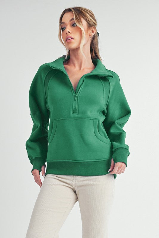 Aemi + Co Half Zip Raglan Sleeve Sweatshirt with Kangaroo Pocket - MyEmpired