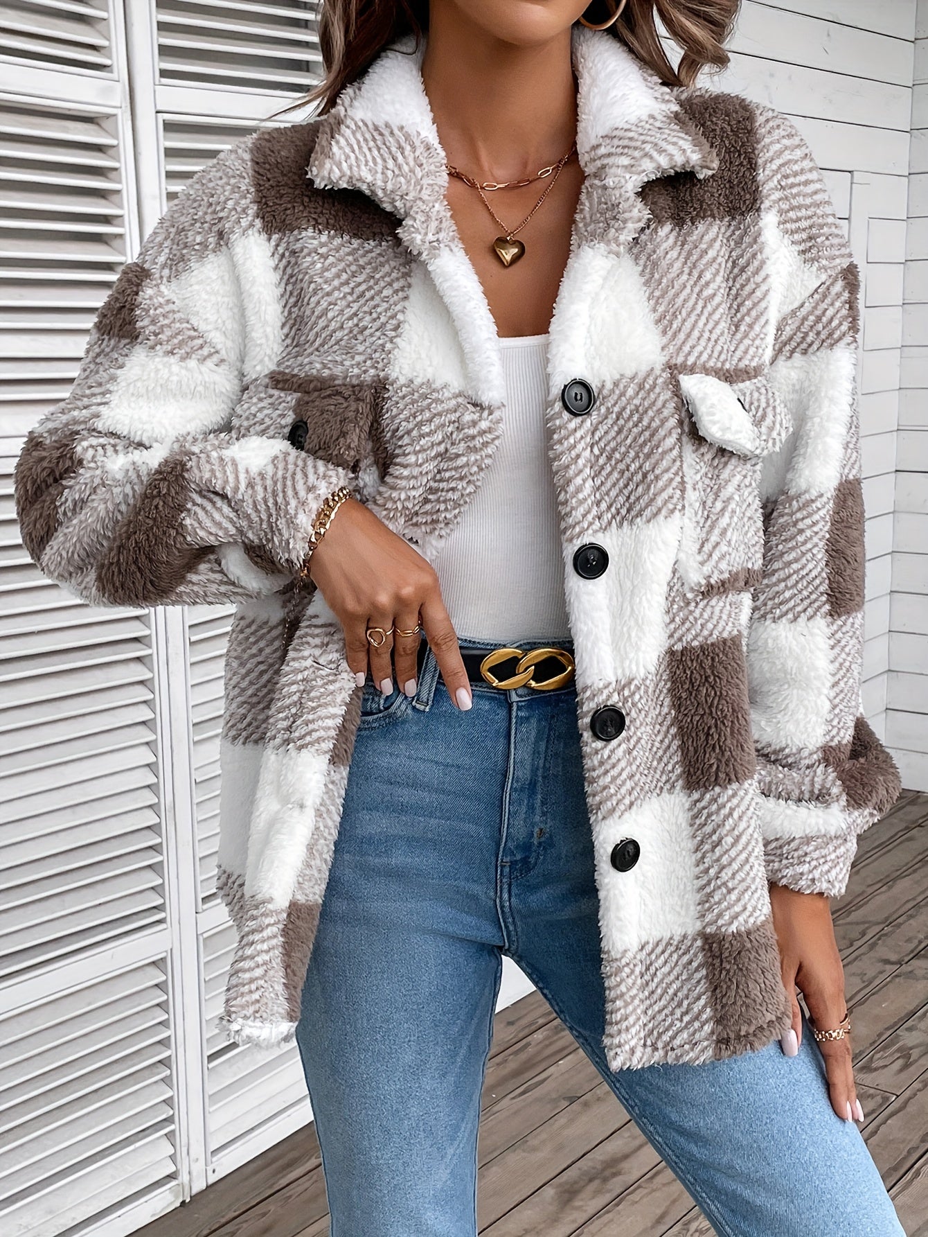 Plaid Fuzzy Fall & Winter Coat, Casual Button Front Long Sleeve Warm Outerwear, Women&