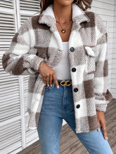 Plaid Fuzzy Fall & Winter Coat, Casual Button Front Long Sleeve Warm Outerwear, Women&