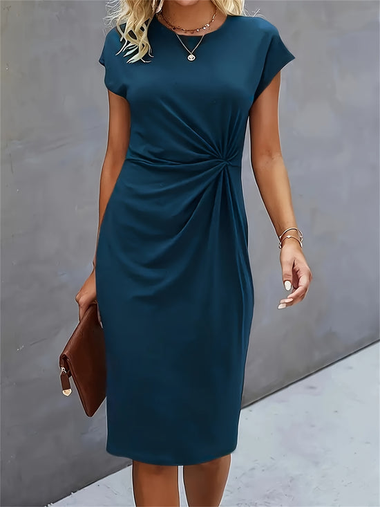 Twist Front Crew Neck Solid Dress - MyEmpired
