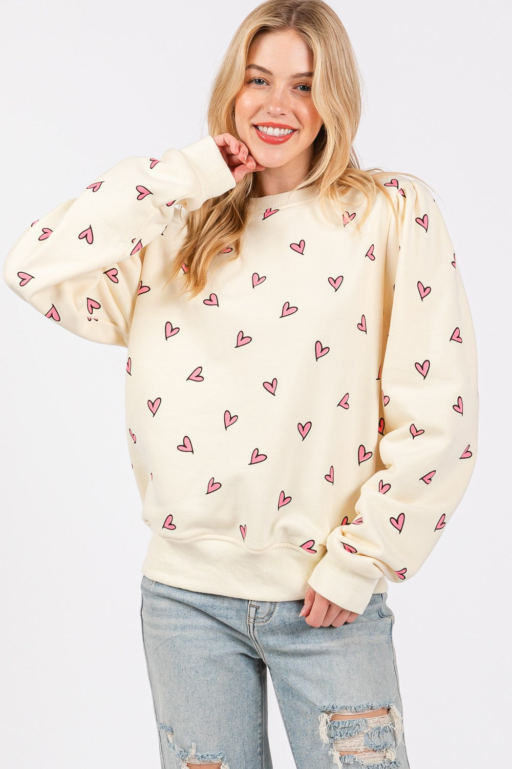 SAGE + FIG Heart Printed Contrast Long Sleeve Sweatshirt - MyEmpired