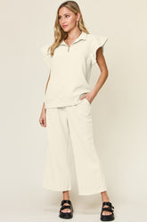 Double Take Texture Ruffle Short Sleeve Top and Drawstring Wide Leg Pants Set - MyEmpired