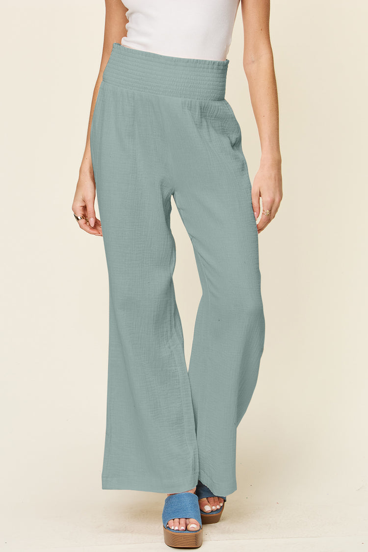 Double Take Full Size Texture Smocked Waist Wide Leg Pants - MyEmpired