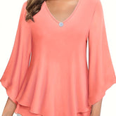 Solid Color V-neck Blouse, Casual Flare Sleeve Layered Hem Top For Spring & Fall, Women&