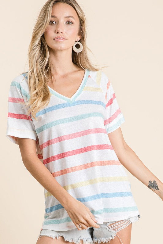 BiBi Striped V-Neck Short Sleeve T-Shirt - MyEmpired