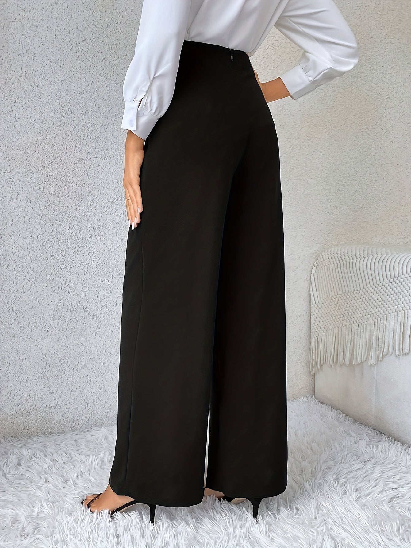 Women's Fashion Wide-Leg Trousers, Double-Button Design, Elegant Long Pants, Solid Color, Polyester, Regular Fit, All-Season, Adult Size, Woven Fabric