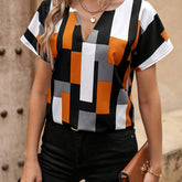 Geo Print Notched Neck Blouse, Elegant Short Sleeve Blouse For Spring & Summer, Women&